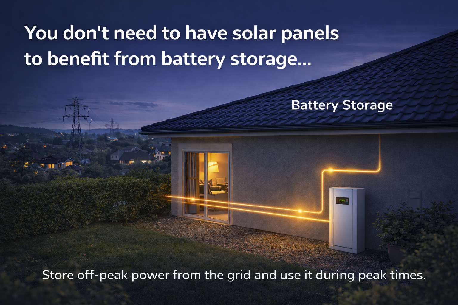 Nighttime image of a house with battery storage unit on the exterior wall, showcasing a glowing line illustrating energy flow from the unit to the house, with cityscape and power lines in the background, and text indicating solar panels are not needed for battery storage.