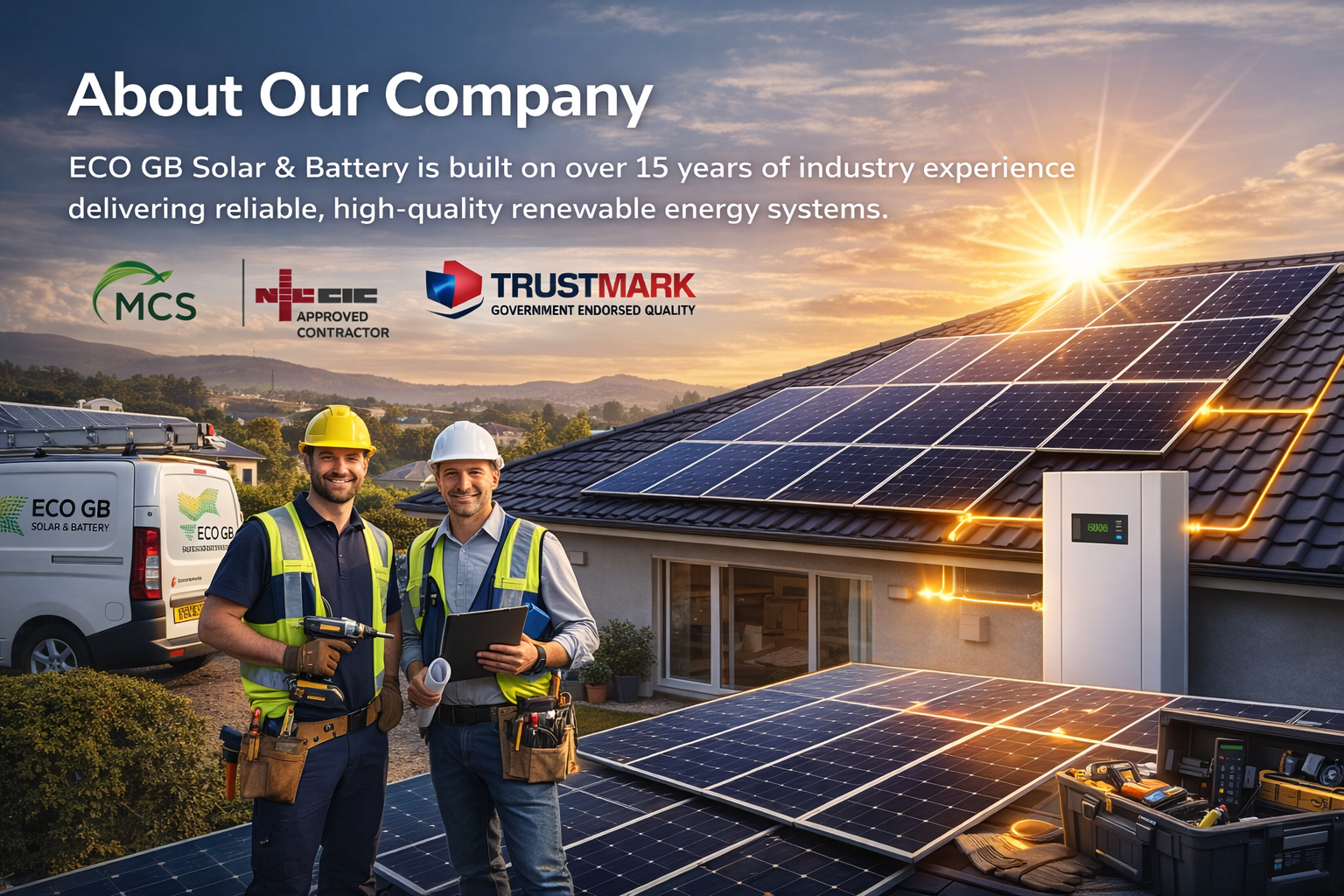 Two workers in safety vests and helmets standing in front of a house with solar panels on the roof during sunset. Solar panels are also on the ground. A van with the ECO GB Solar & Battery logo is parked nearby.