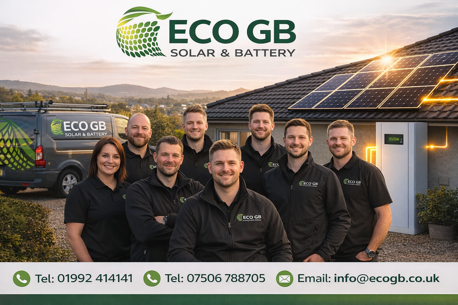 Group of seven employees standing outdoors in front of a house with solar panels on the roof, with a branded van and a solar battery system, under a sunset sky. The image promotes ECO GB Solar & Battery services, with contact information at the bottom.