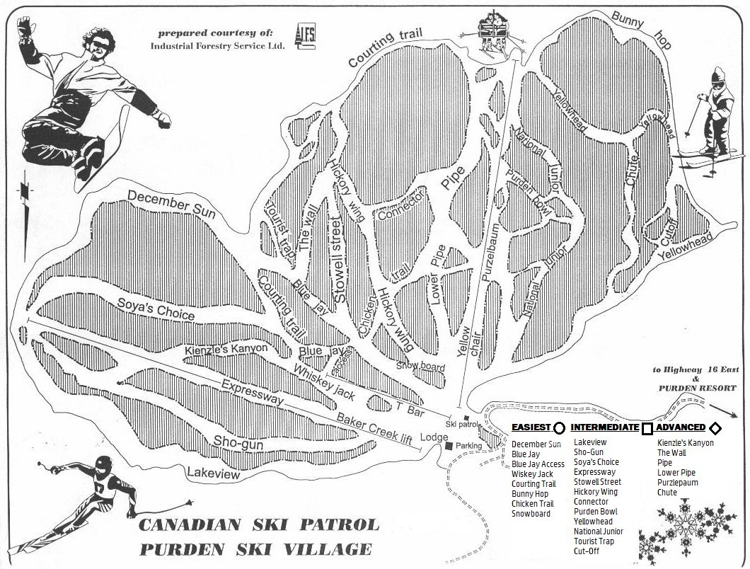Map of Purden Ski Village in Canadian Ski Patrol with ski slopes, trails, lifts, and landmarks marked, along with decorative images of skiers and snowflakes.