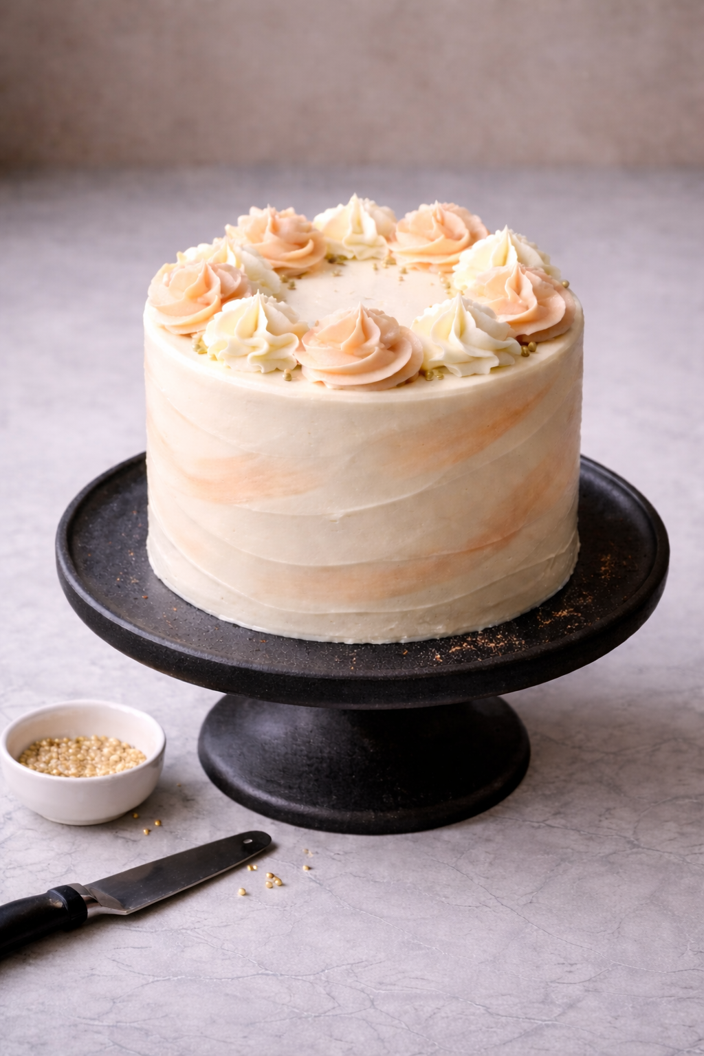 A round layered cake with a smooth white and peach-colored frosting, decorated with alternating white and peach rosettes on top, placed on a black cake stand.