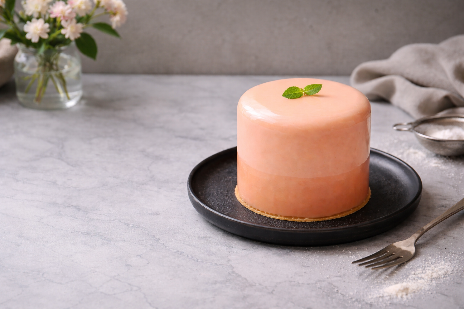 Pink mirror-glazed cake with a small green mint leaf on top, placed on a black plate on a gray marble surface, with a glass vase of pink and white flowers in the background and baking tools to the side.