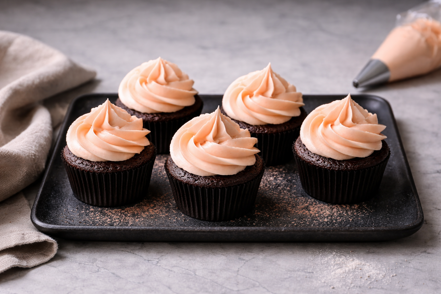 Six chocolate cupcakes with light pink frosting on a black rectangular plate, with a piping bag of frosting and a beige cloth nearby on a gray surface.