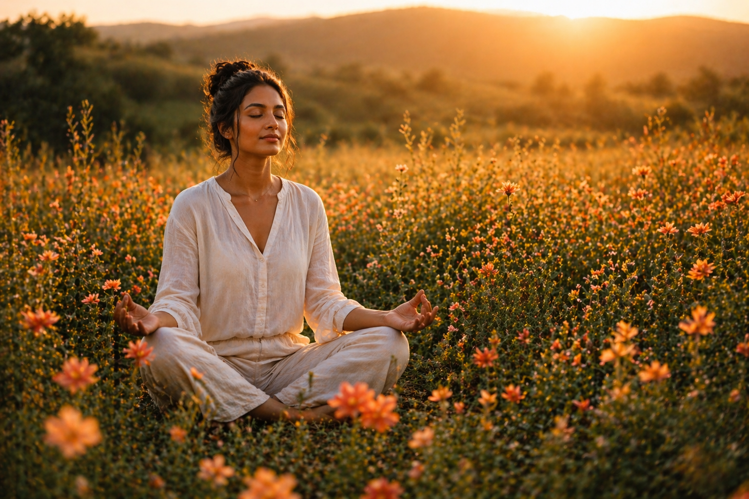 A woman practicing meditation seated in easy pose in a field of orange and yellow flowers during sunset, sitting cross-legged with closed eyes and hands resting on her knees.