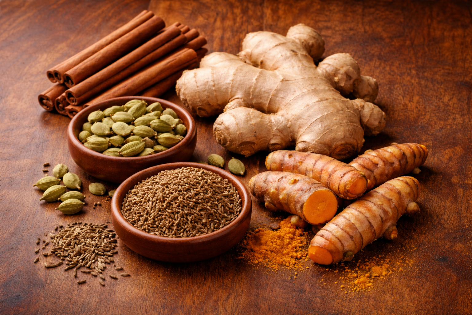 Various spices including cinnamon sticks, chopped turmeric root, ginger root, green cardamom pods, and cumin seeds arranged on a wooden surface.