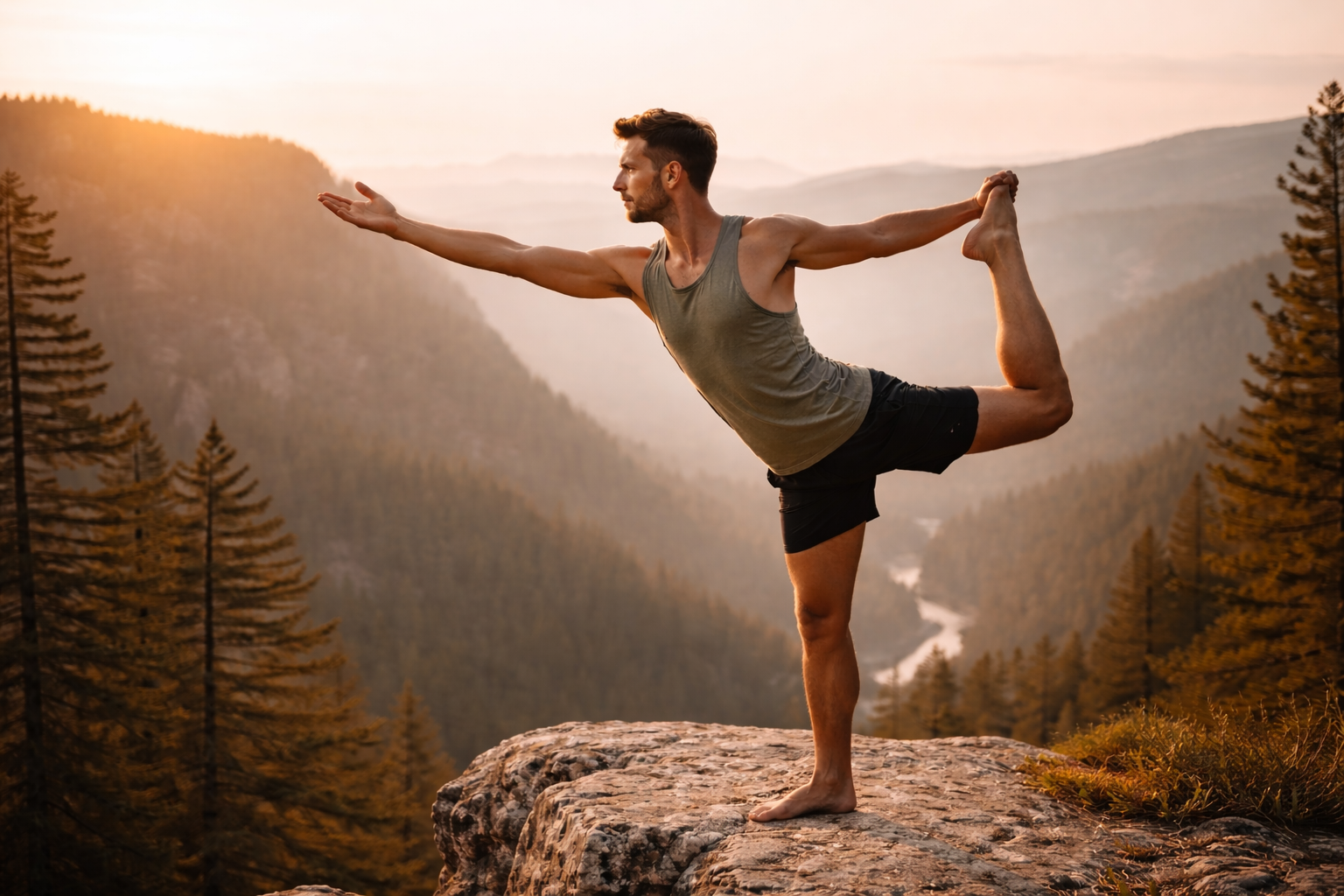 A man practicing yoga in dancer's pose on a rock cliff overlooking a forested valley at sunset.