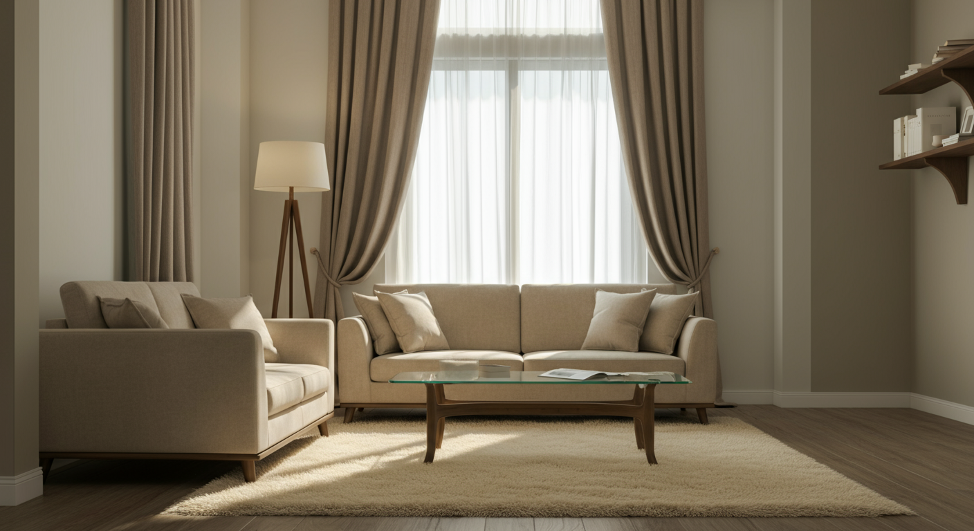 Living room with beige sofas, a glass coffee table, beige curtains, a standing lamp, a bookshelf on the wall, and a cream-colored rug.