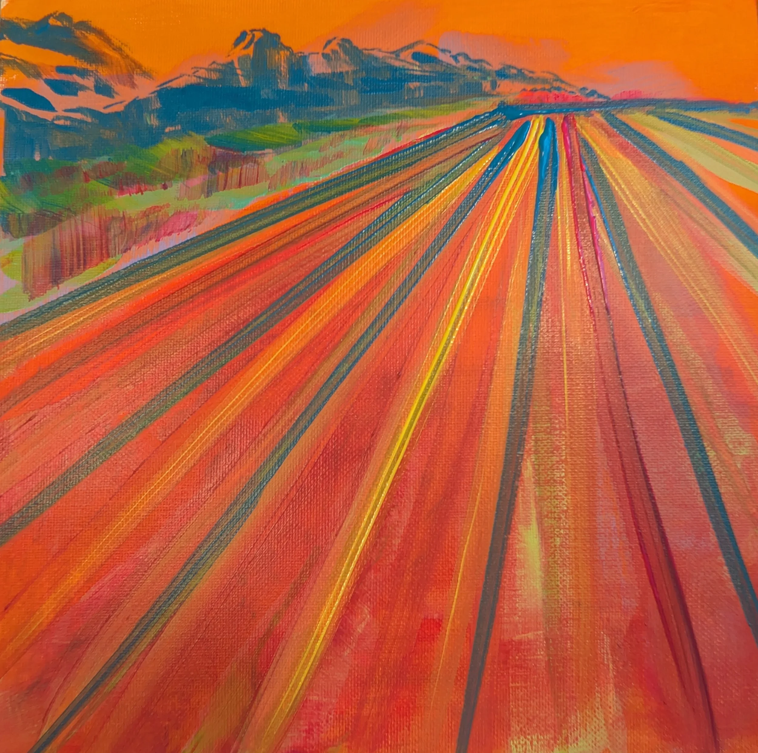 Colorful painting of a landscape with mountains in the background, fields in various shades of red, orange, yellow, and blue, and a vibrant orange sky.