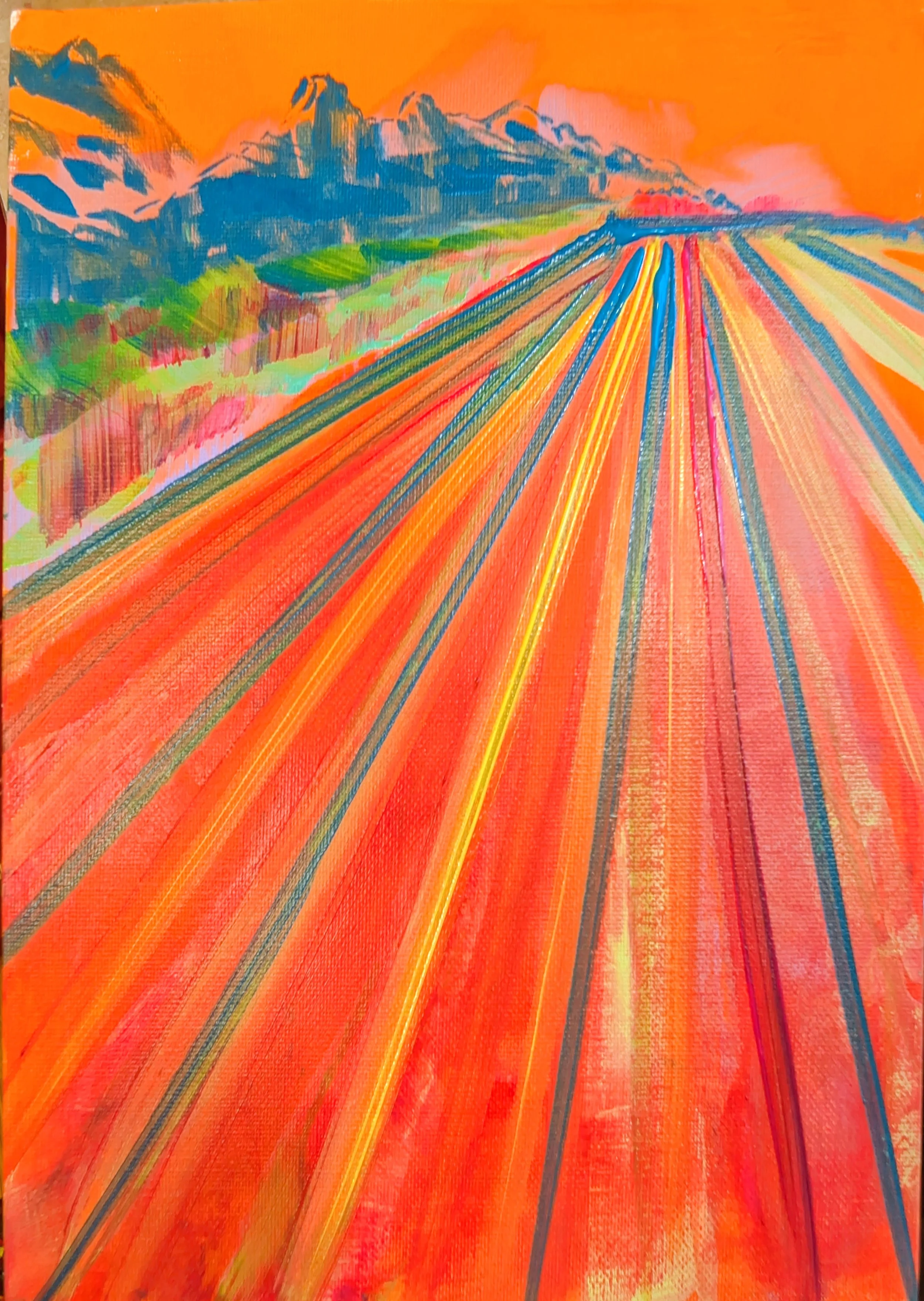 Vivid acrylic landscape painting of a colorful agricultural field with orange, pink, and red rows extending into the distance, with mountains and a sunset sky in the background.