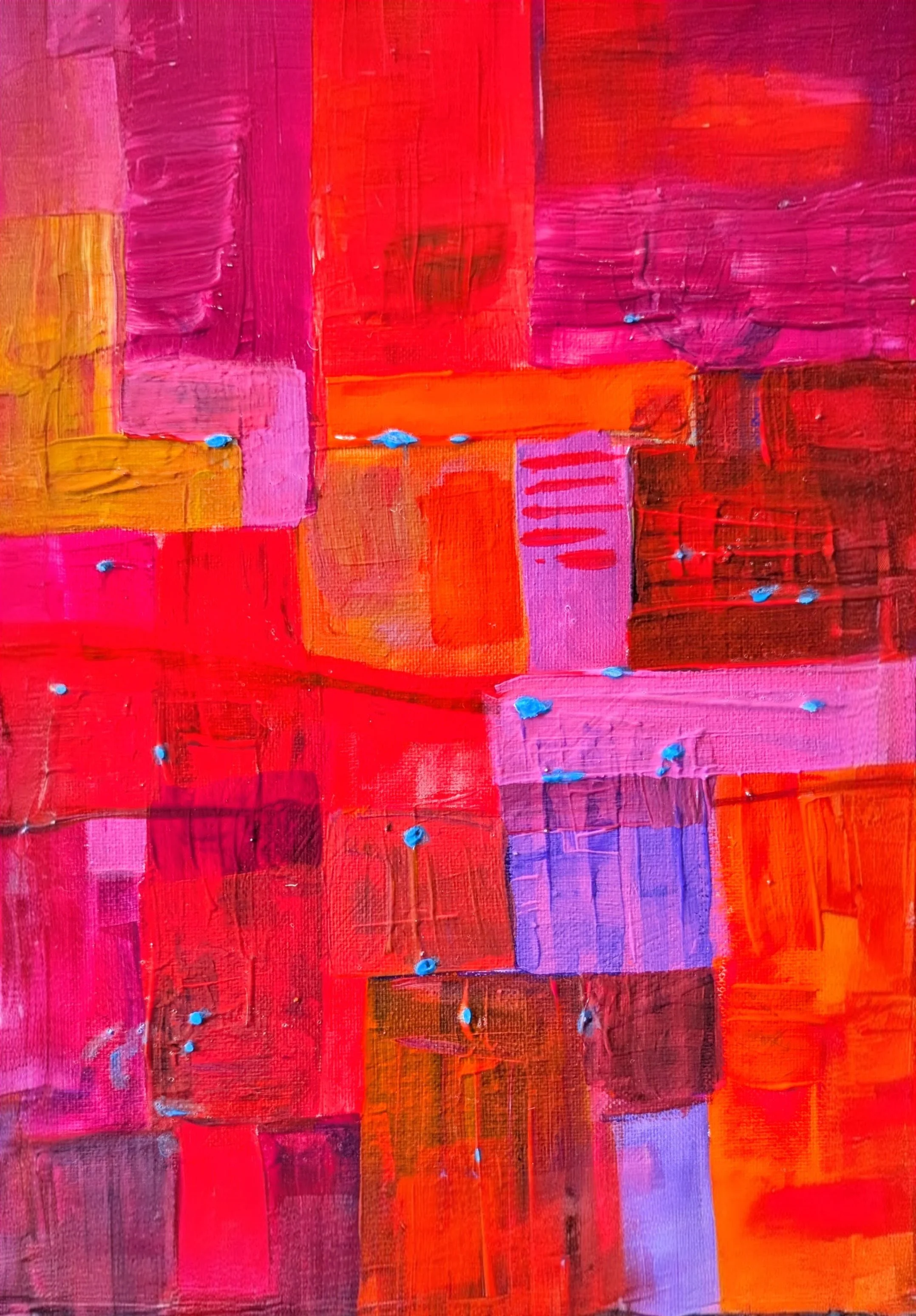Abstract painting with red, pink, purple, orange, and yellow rectangular blocks with blue dots.