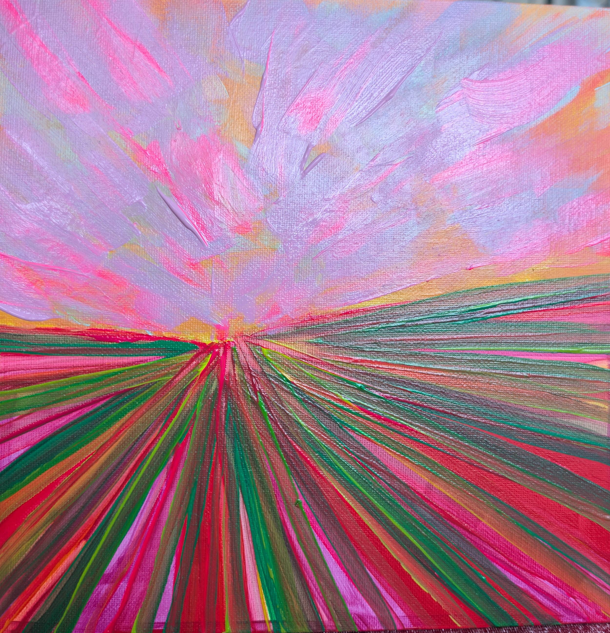 Abstract colorful painting of a vibrant landscape with streaks of pink, purple, green, and red converging toward the horizon, depicting a sunset or sunrise with a sky filled with pink and purple clouds.