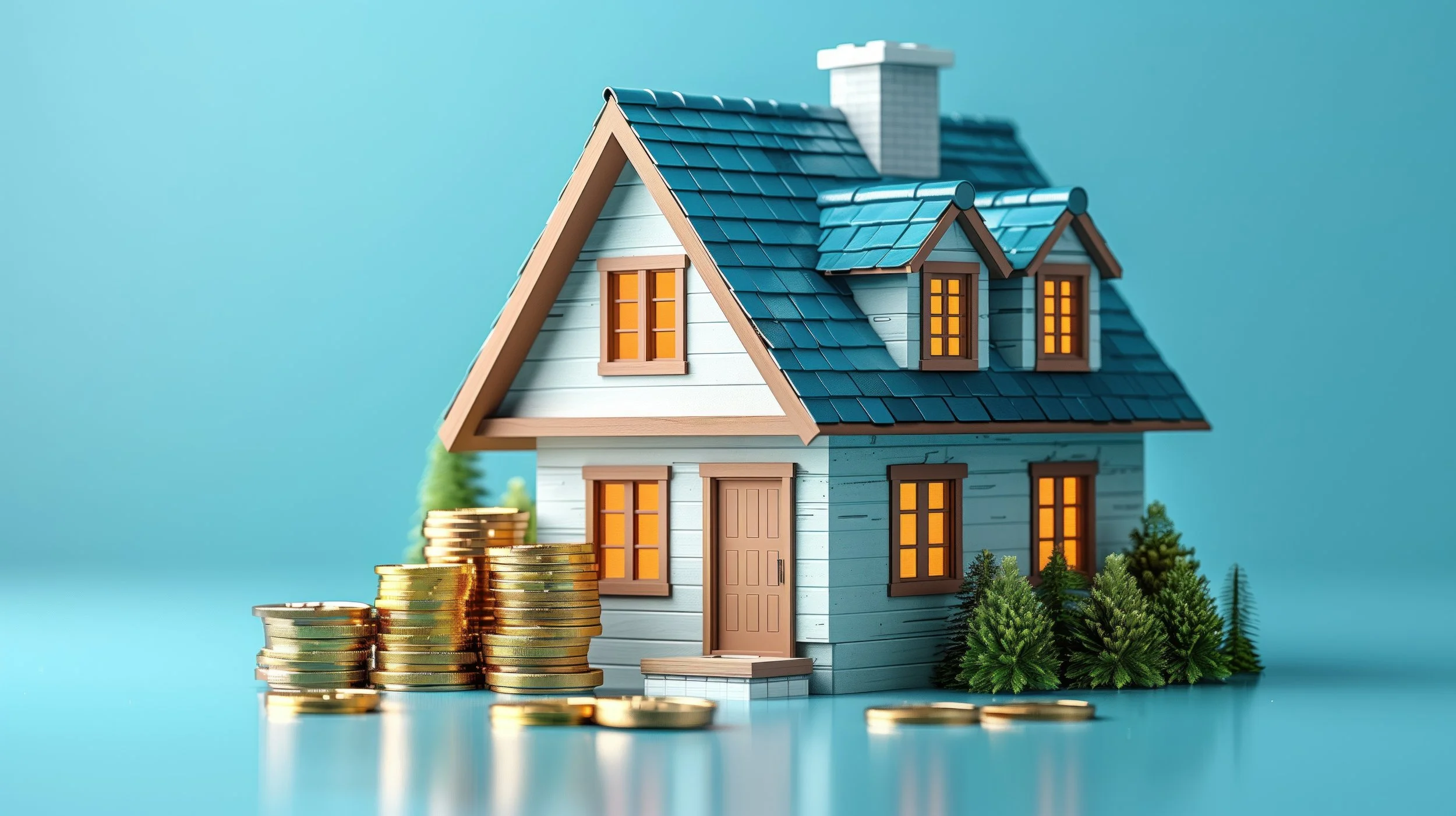 Model house with stacks of gold coins surrounding it, set against a blue background.