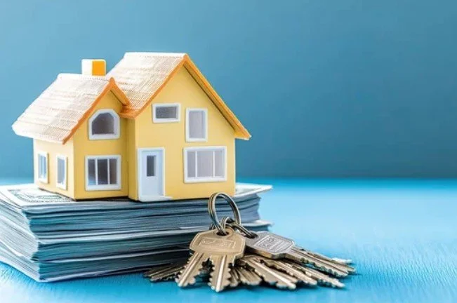 Model house placed on top of a stack of papers, with keys and a keyring in front of it, symbolizing real estate or property ownership.