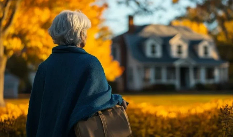 An elderly woman with gray hair, wearing a blue shawl, stands outdoors in autumn with fall foliage and a large house in the background.