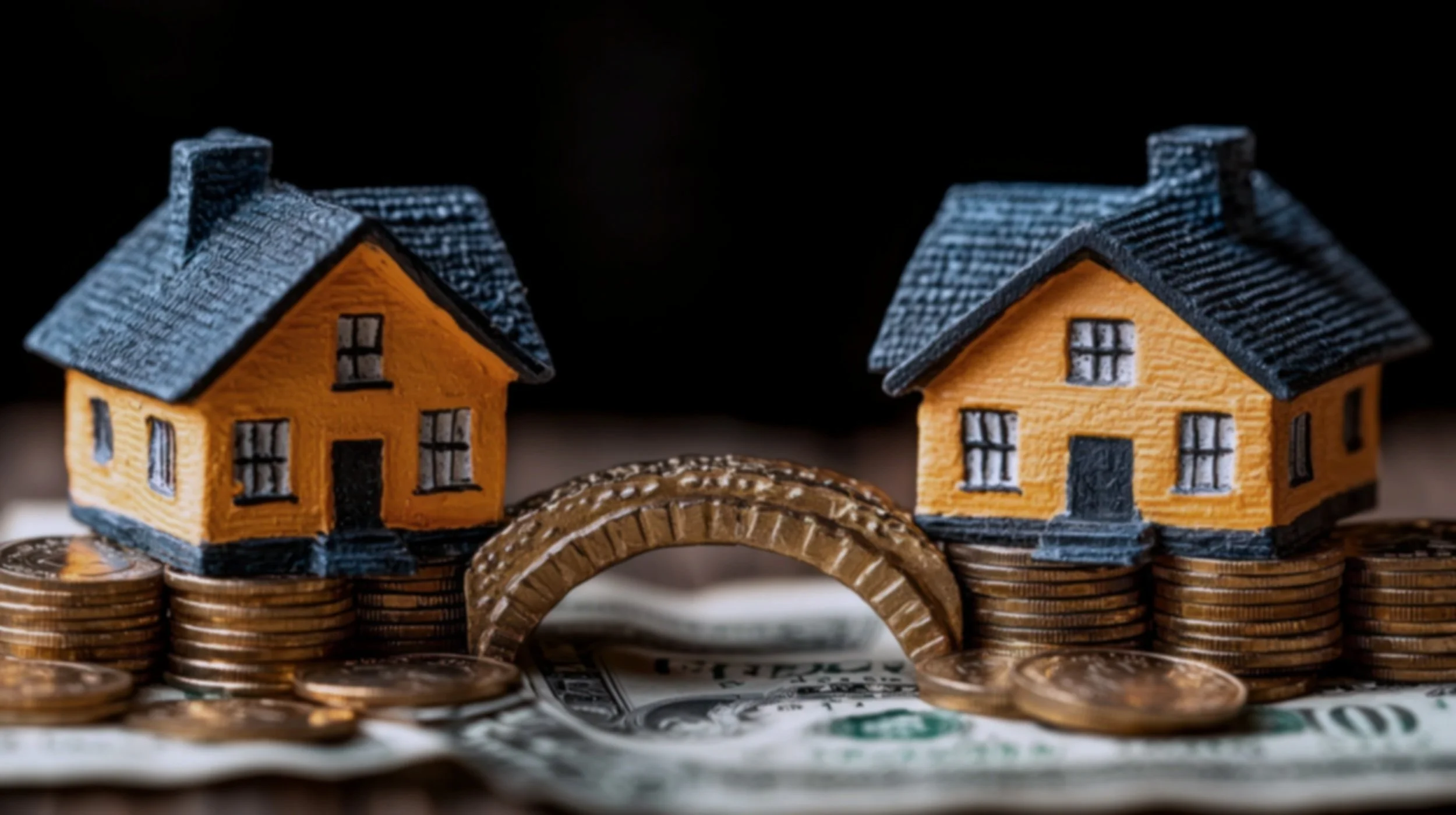 Two miniature yellow houses with black roofs, placed on stacks of coins, with a small arched bridge and dollar bills underneath, symbolizing real estate investment.