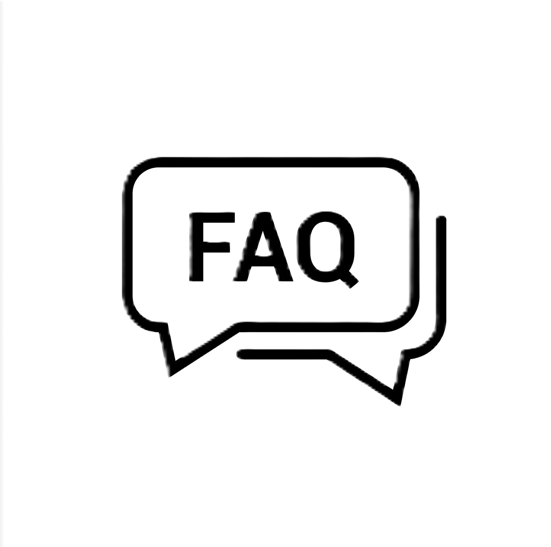 Black and white icon of two speech bubbles, one with the text 'FAQ' inside.