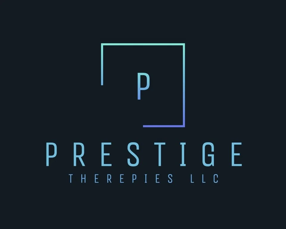 Logo with the letter 'P' inside a square outline and the text 'PRESTIGE THERAPIES LLC' below, on a dark background.