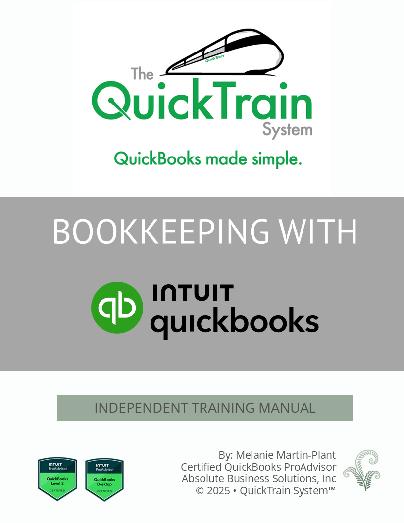 A white bullet train with black outline and green lettering spelling out The QuickTrain System