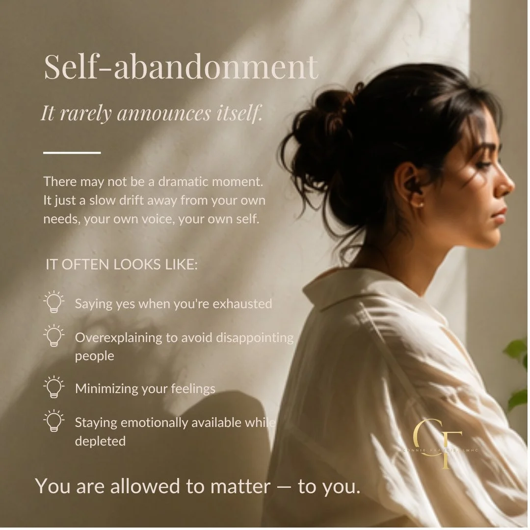 Self-abandonment.

It rarely announces itself. There may not be a dramatic moment. It just a slow drift away from your own needs, your own voice, your own self.

It often looks like:
&bull; saying yes when you're exhausted
&bull; overexplaining to av