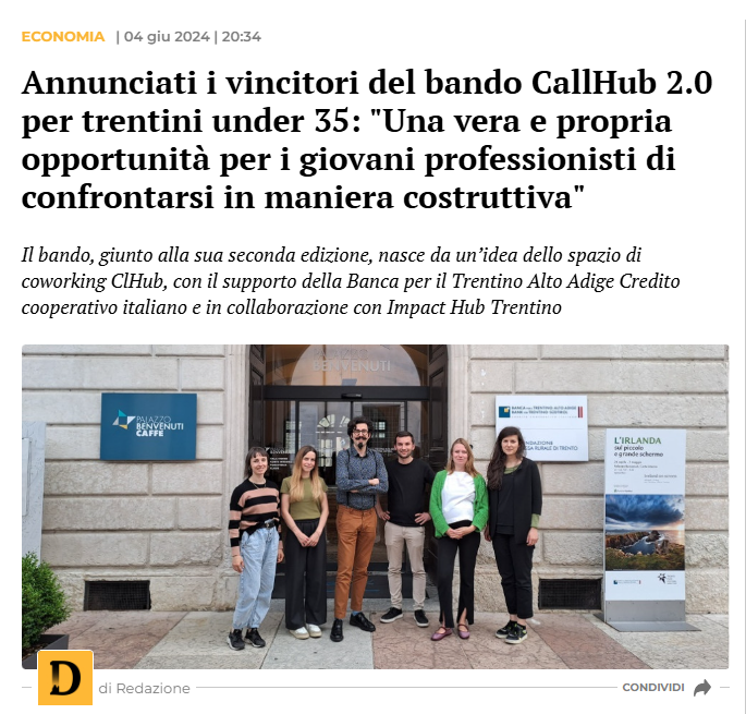 Articolo di giornale che parla di Gianmarco Pallaoro e dei cinque vincitori del bando CALLHUB 2.0