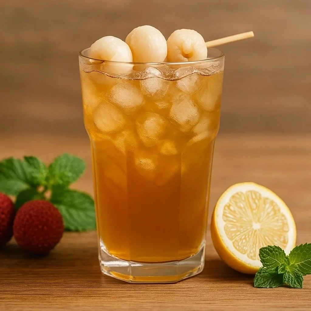 A tall glass of iced tea with lychee fruit on top, a lemon half and fresh mint leaves on a wooden surface, with fresh lychee and mint in the background.