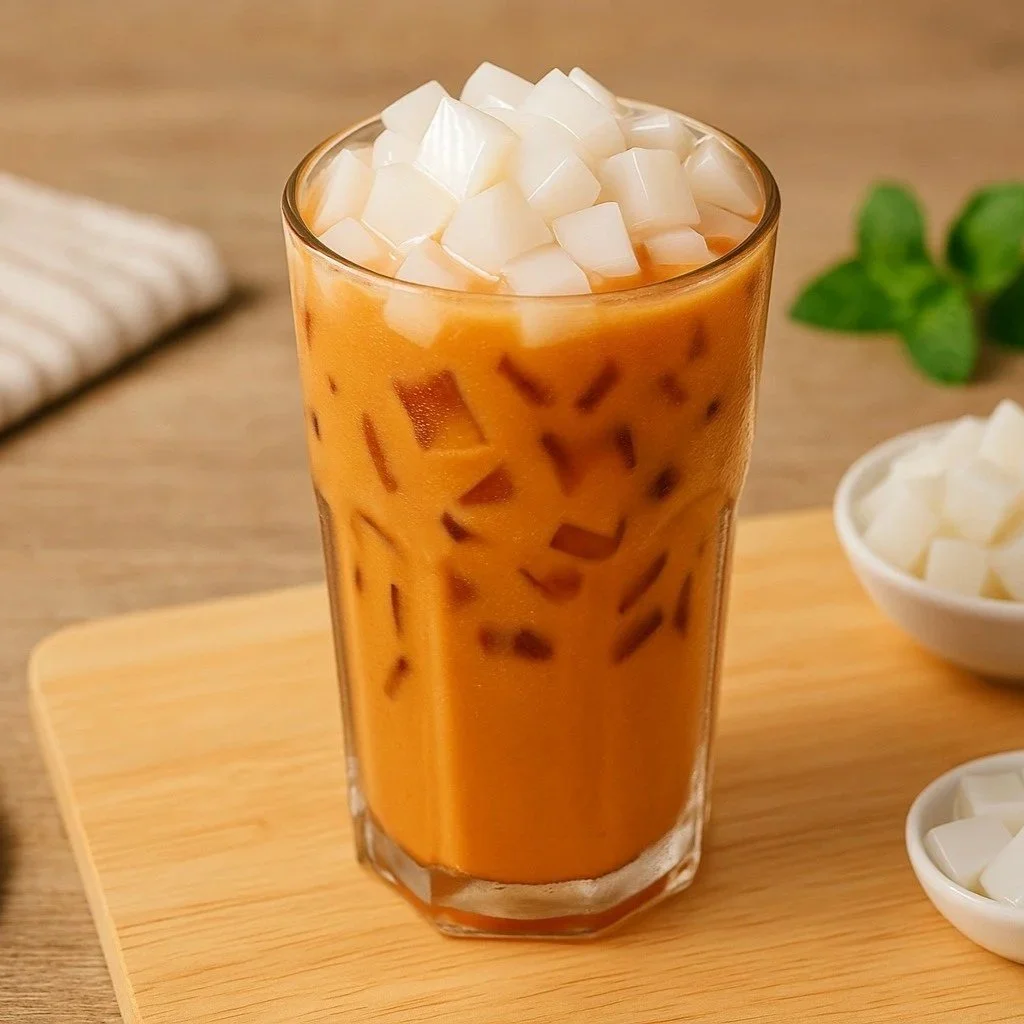 A glass of iced Thai tea topped with white jelly cubes on a wooden surface.