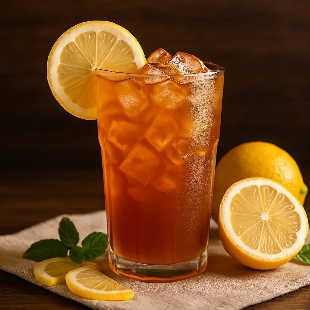 A glass of iced tea with a lemon wedge, whole lemon, lemon slices, and mint leaves on a cloth.