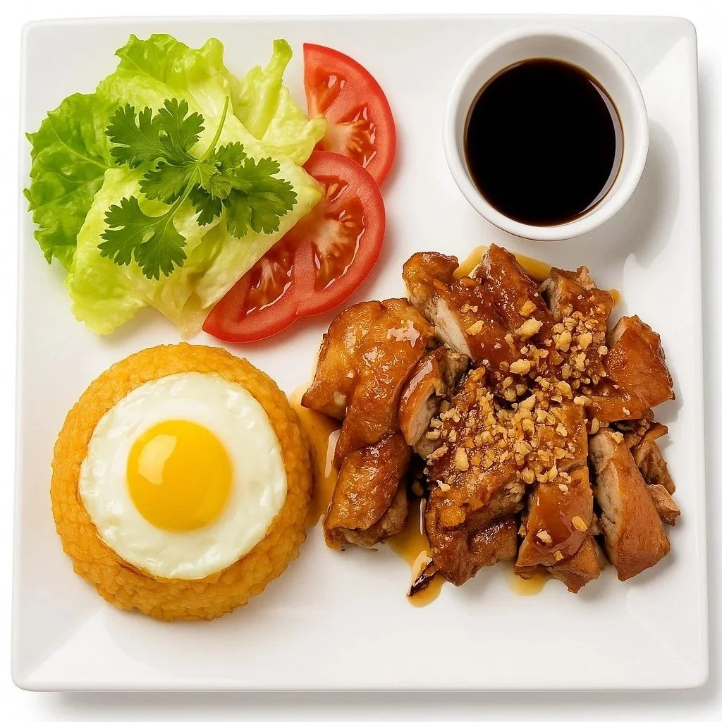 Plate with fried rice topped with a sunny side up egg, sliced tomatoes and lettuce, grilled chicken with sauce and crushed nuts, and a small cup of soy sauce.