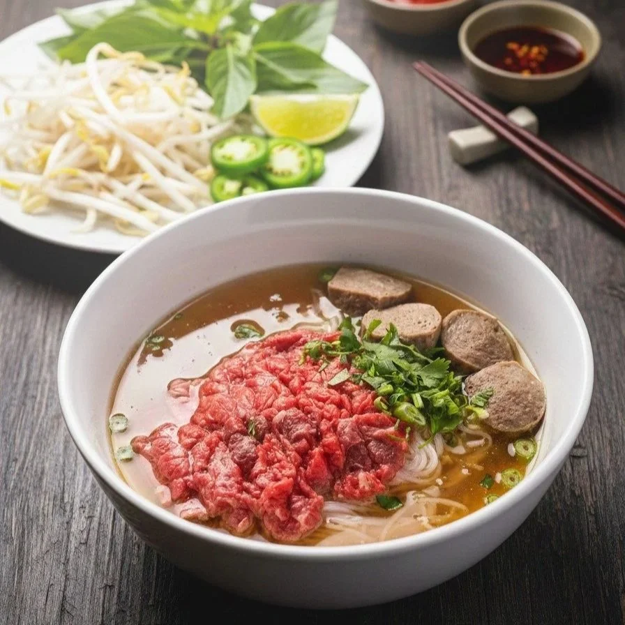 Bowl of Vietnamese pho with raw beef, meatballs, chopped green onions, and cilantro, served on a dark wooden table with side plate of bean sprouts, lime wedge, green sliced chili, and dipping sauces.
