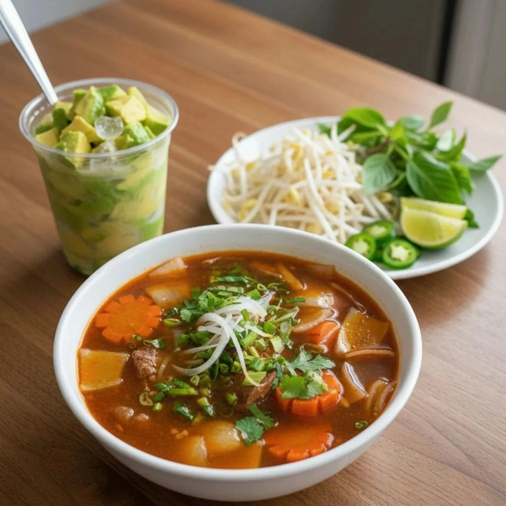 A bowl of hot Vietnamese pho with sliced carrots, onions, and herbs on top, accompanied by a plate of bean sprouts, basil, lime wedges, and sliced jalapenos, and a glass of sliced avocados with a spoon.