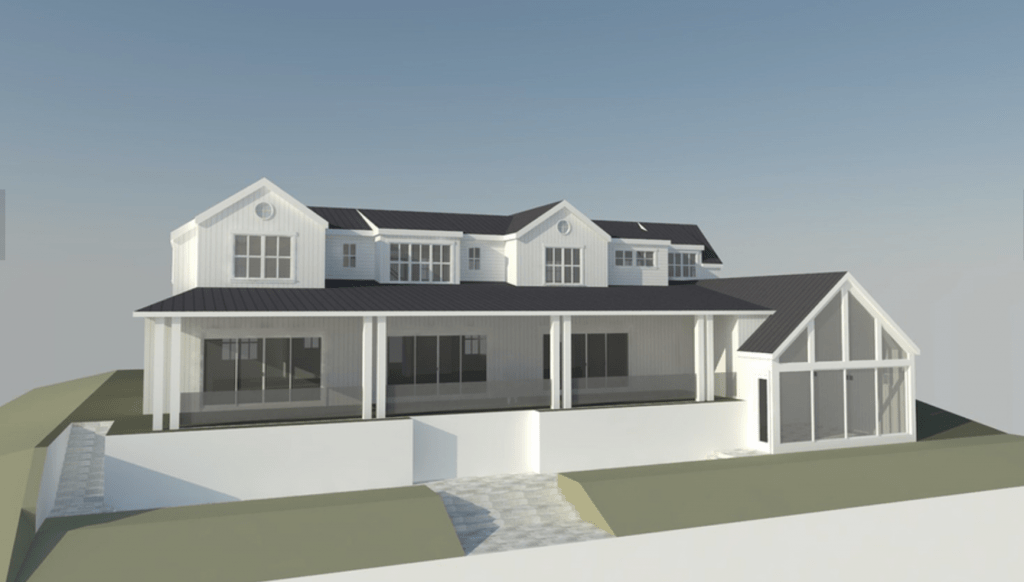 Draft computer renderings of white two story house in Tiburon, California