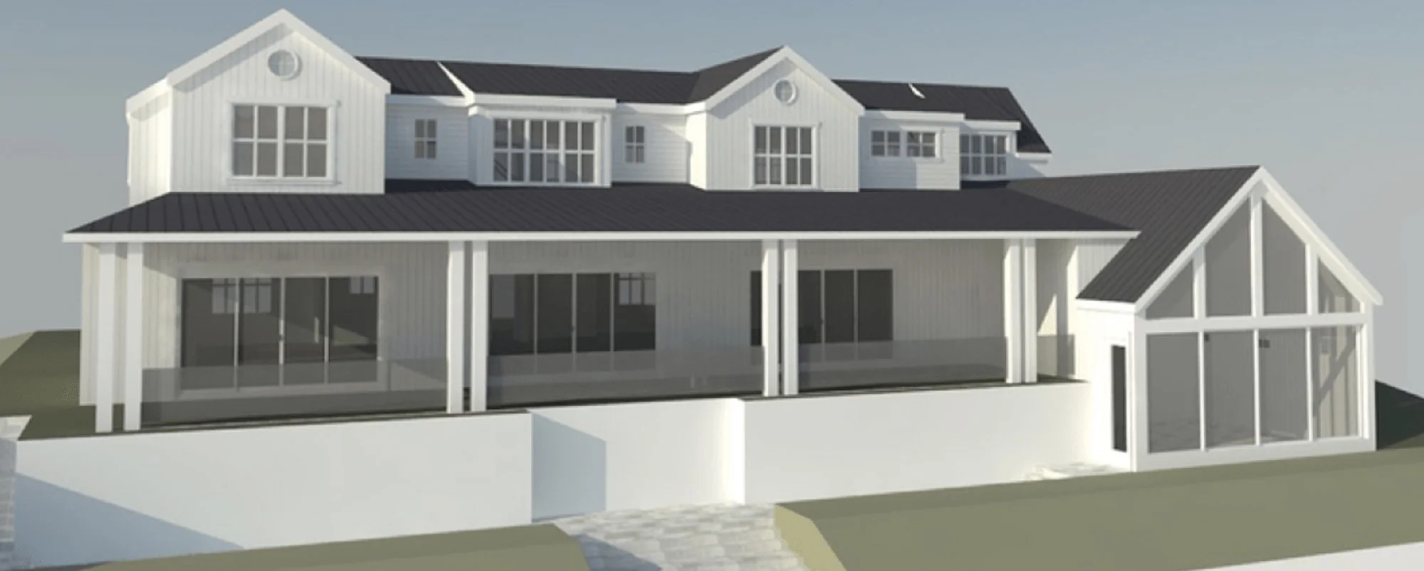 A white multi-story house with large windows, a black roof, and a screened-in porch area on a grassy landscape.