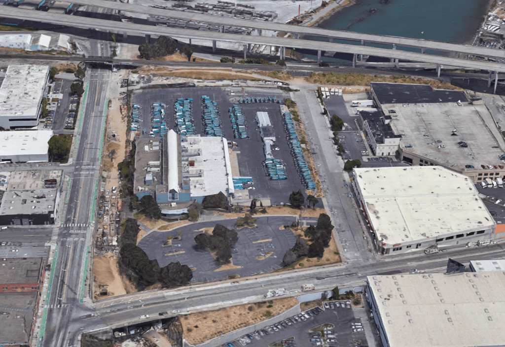 Aerial view of 2000 Marin St Warehouse and parking lot