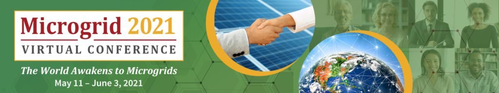 Microgrid 2021 Virtual Conference invitation banner with two people shaking hands, earth, and a faded profile shots of men and women