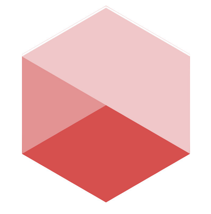 A 3D hexagonal shape with three shaded sections in different shades of red and pink.