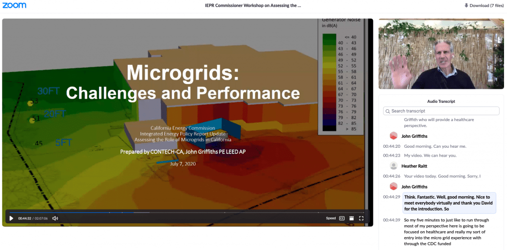 Zoom meeting with John Griffiths leading a presentation on Microgrids Challenges and performance