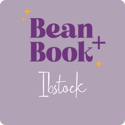 Purple background with the words 'Bean Book+' in large purple font and 'Istock' in white cursive font, decorated with small yellow stars.