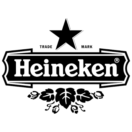 Logotipo en blanco y negro de Heineken con estrella, marca registrada, y elementos ornamentales debajo.