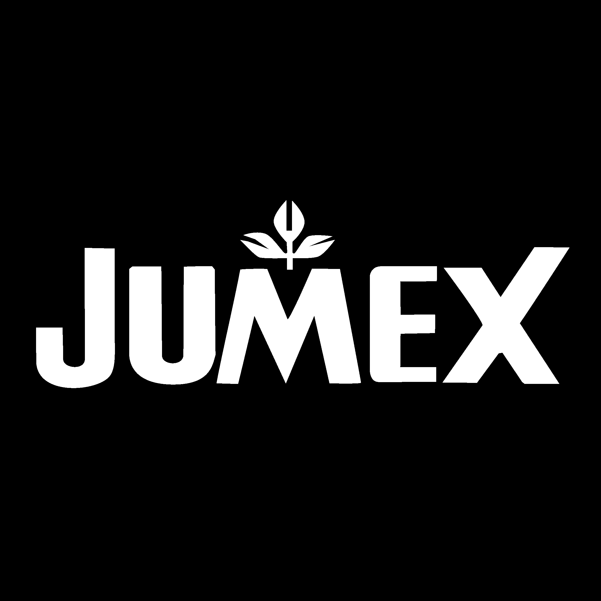 Logotipo en blanco y negro con la palabra 'JUMEX' y un diseño de hoja y gota en la parte superior.