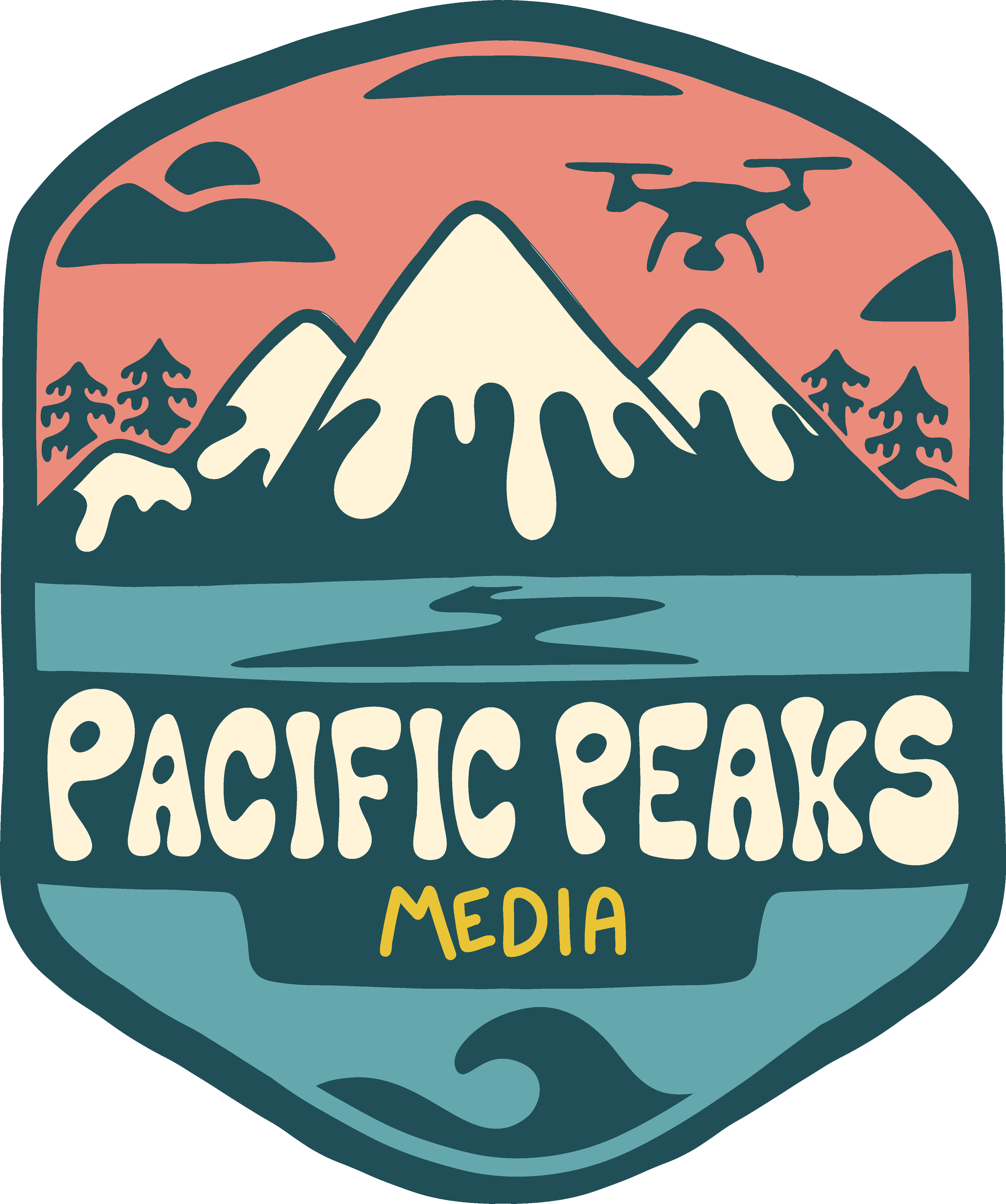 A logo for Pacific Peaks Media featuring a mountain with snow, trees, a drone, a river, and a wave, with the text 'Pacific Peaks Media'.