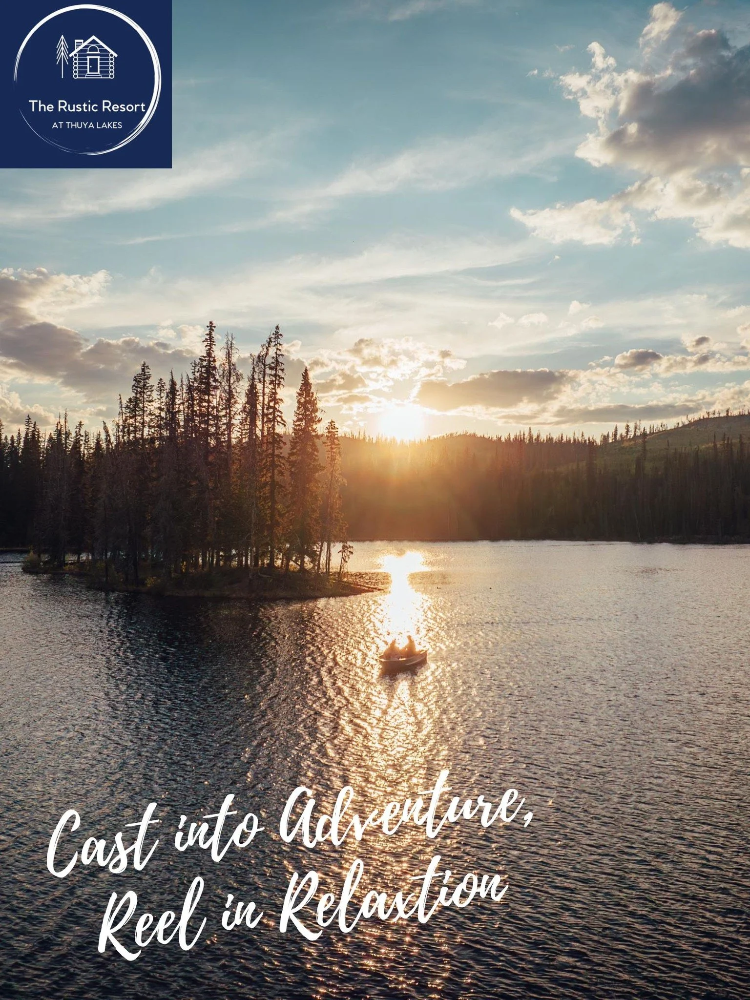 A scenic view of a lake at sunset with a small boat on the water and trees on an island. The sky is partly cloudy with the sun setting behind distant hills.
