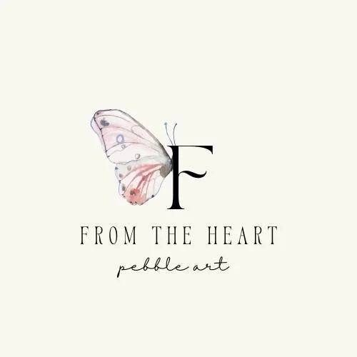 A butterfly with pastel-colored wings next to a large letter F, with the text 'From the Heart' and 'pebble art' underneath.