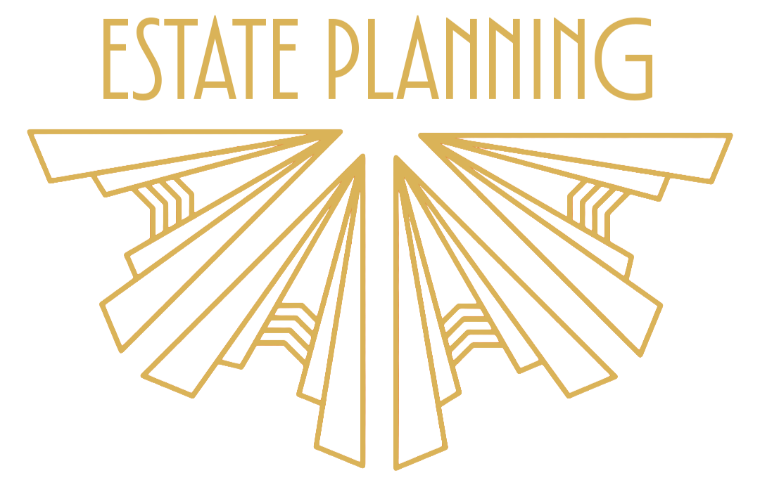 Link to Estate Planning Page that is stylized as an Art Deco stylized icon-button with the words 'Estate Planning' in gold text above.