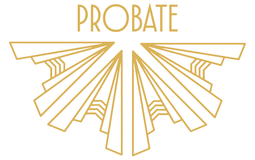 Link to Estate Planning Page that is stylized as an Art Deco stylized icon-button with the words 'Probate' in gold text above.