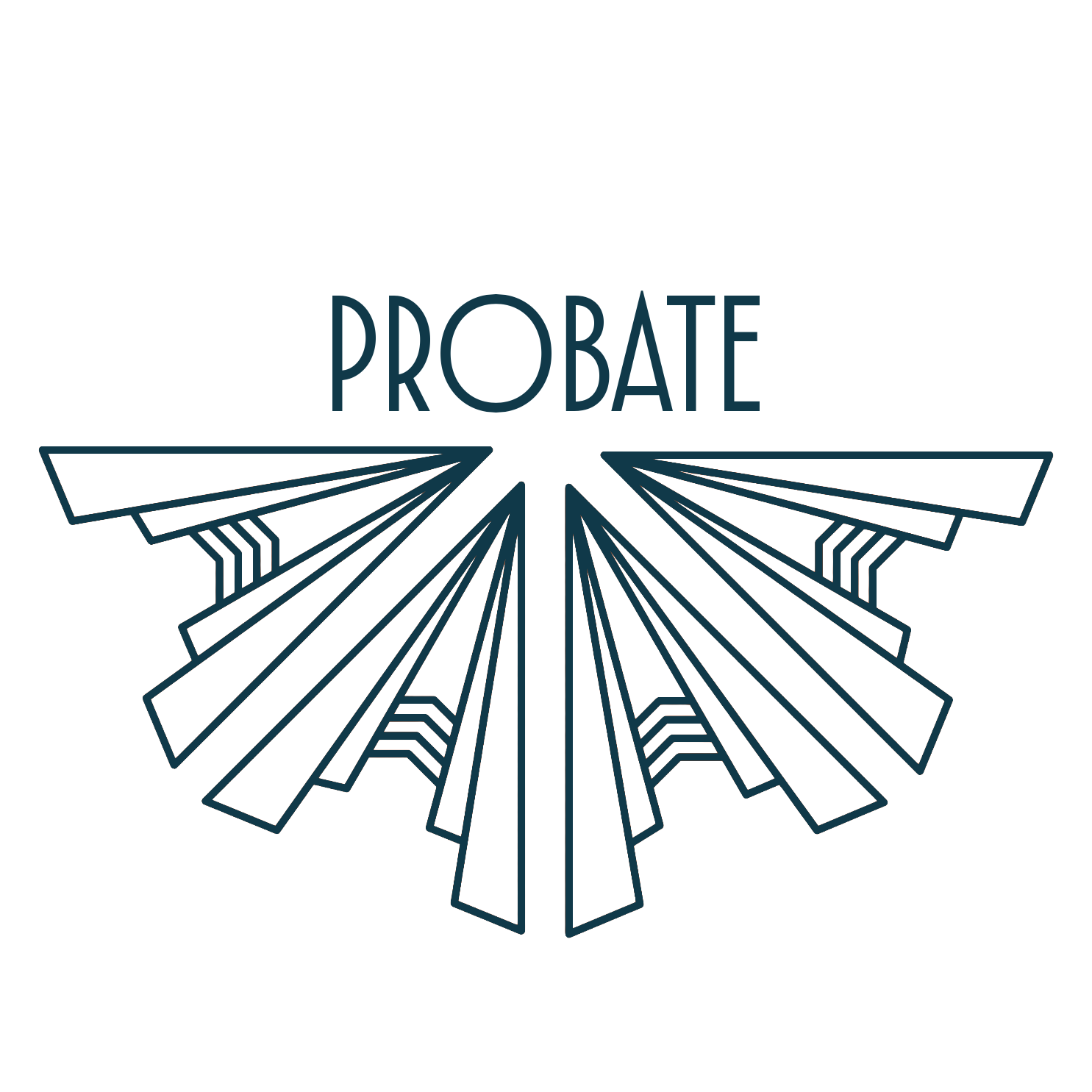 Teal outline of a stylized art deco iconography, with the word "Probate" above it.