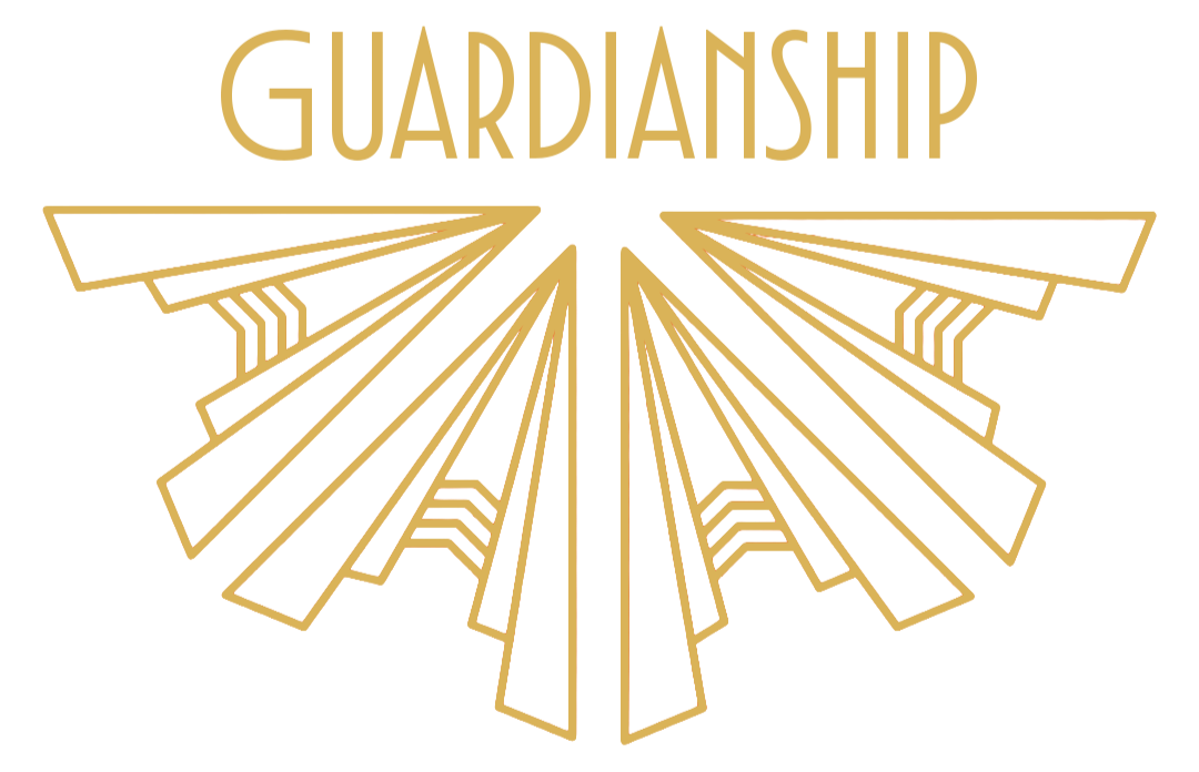 Link to Estate Planning Page that is stylized as an Art Deco stylized icon-button with the words 'Guardianship' in gold text above.