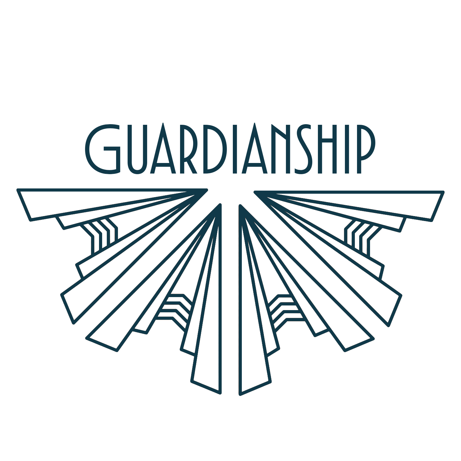 Teal outline of a stylized art deco iconography, with the word "Guardianship" above it.