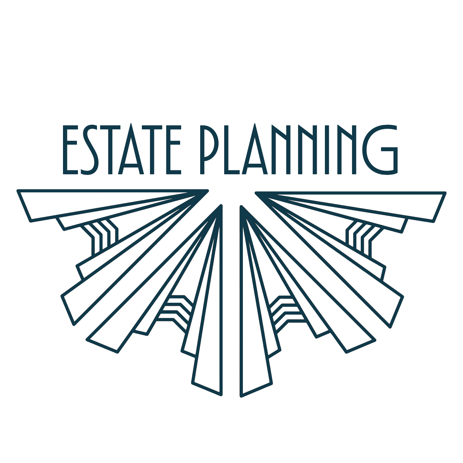 Teal outline of a stylized art deco iconography, with the word "Estate Planning" above it.
