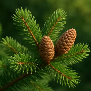 Close-up of pine tree branches with two pinecones