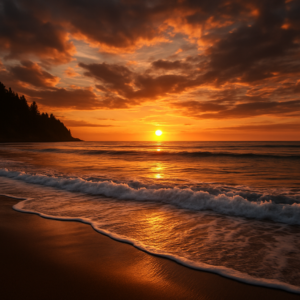 Sunset over the ocean with a partly cloudy sky and a silhouette of a tree-lined coastline.